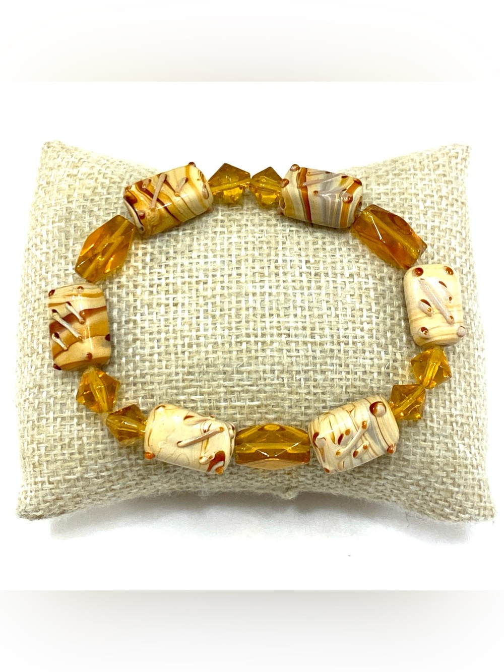 Vintage NWOT Caramel Cream Marbled Glass Tube Amber Faceted Bicone Bracelet